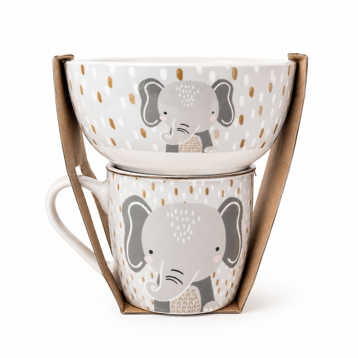Kit Caneca + Bowl Elefantinho Infantil em Cerâmica