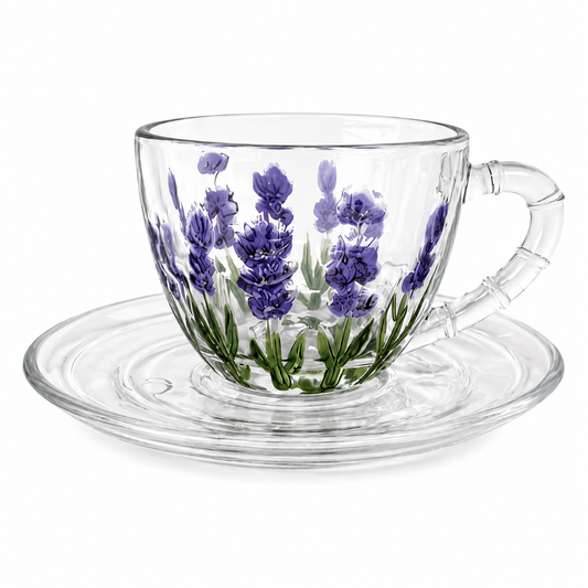 Xícara de Vidro com Pires Lavanda 80ml – Delicada e Elegante