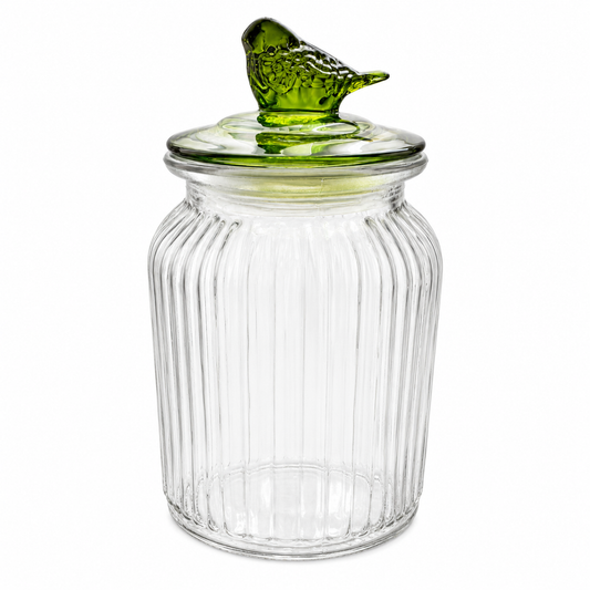 Pote de Vidro 1 Litro com Tampa Verde e Pássaro Decorativo