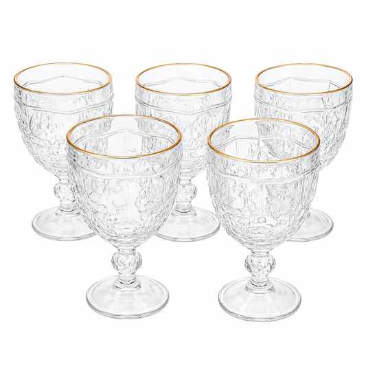 Unidade de Taça de Vidro com Relevo Floral e Borda Dourada