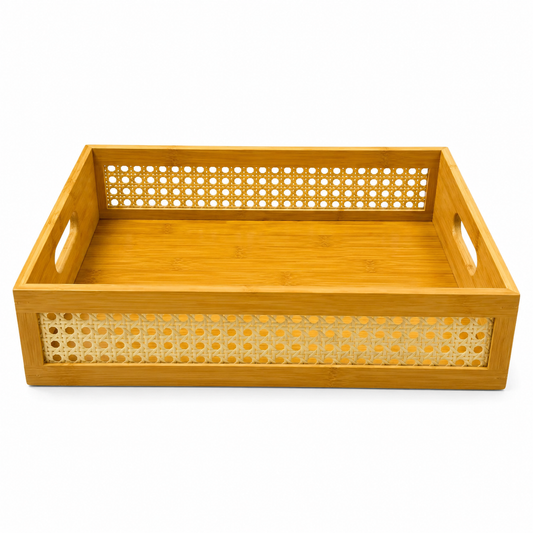 Bandeja de Bambu com Detalhes em Rattan Natural 40x28cm