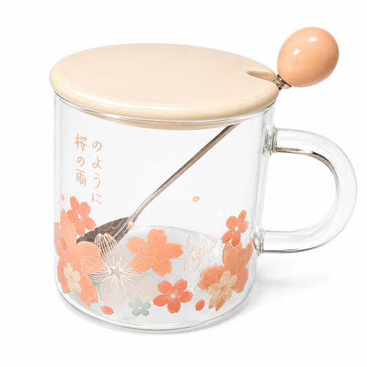 Caneca de Vidro com Tampa e Colher Floral – 350ml