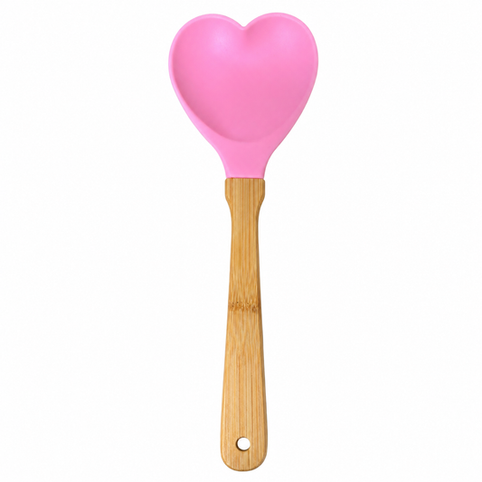 Colher de Silicone Coração com Cabo de Bambu Rosa e Verde