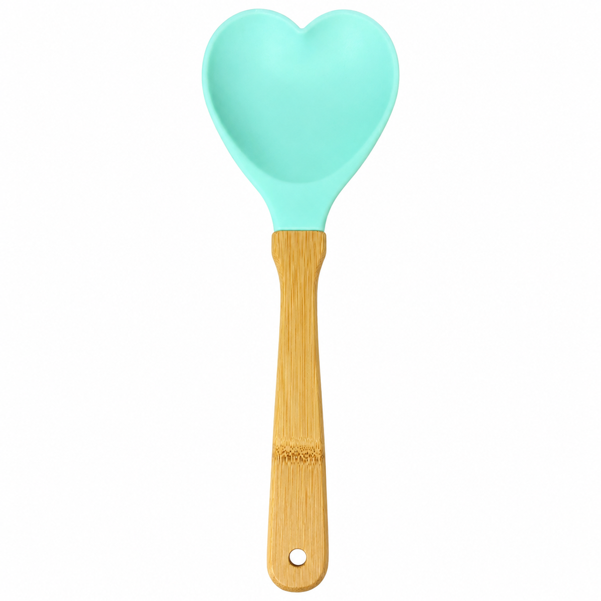 Colher de Silicone Coração com Cabo de Bambu Rosa e Verde
