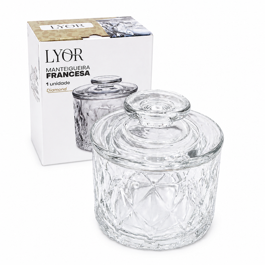 Manteigueira de Vidro Francesa com Tampa Diamond – Elegante e Sofisticada