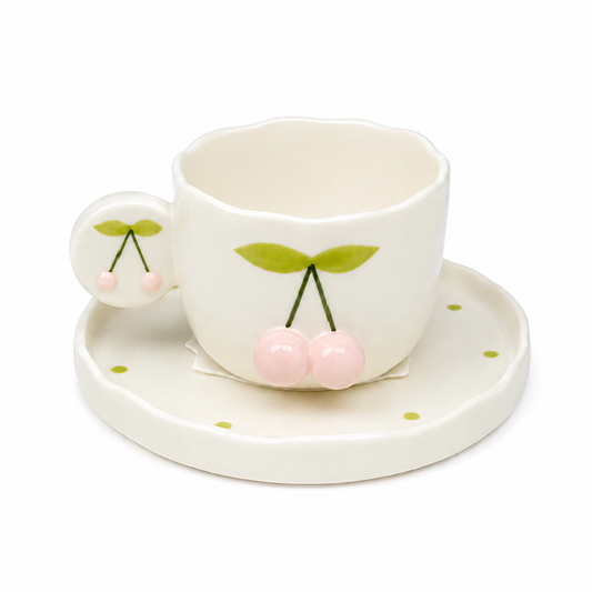 Xícara de Café com Pires Cereja 3D | Cerâmica Fofa Estilo Cute | 150ml