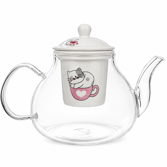Chaleira de Vidro Borossilicato para Fogão com Infusor de Cerâmica Gatinho