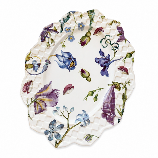 Travessa Oval de Cerâmica Floral com Borda Texturizada 30x20cm