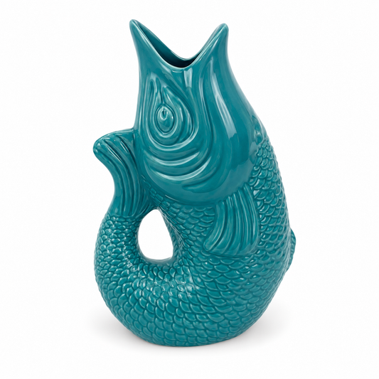 Vaso Jarra Decorativa em Cerâmica Formato Peixe Azul Turquesa 25x18 cm