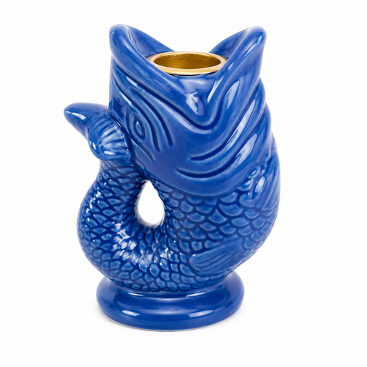 Castiçal Decorativo em Cerâmica Formato Peixe Azul Cobalto 15x9 cm