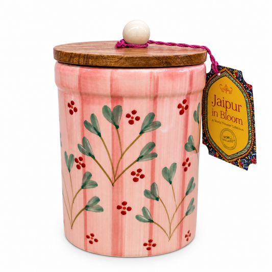 Jaipur in Bloom – Pote de Cerâmica Floral 1,5L com Tampa de Madeira