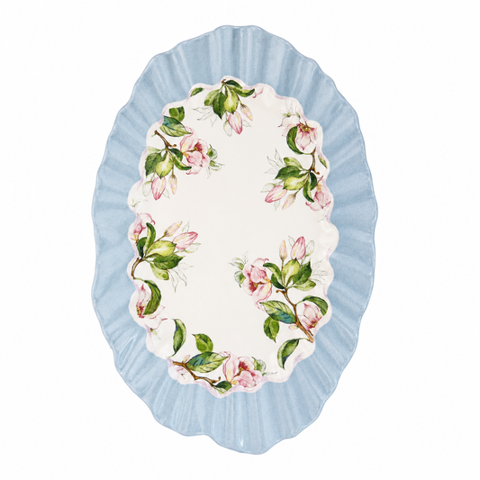 Travessa Oval de Cerâmica Floral Azul 25 x 45 cm