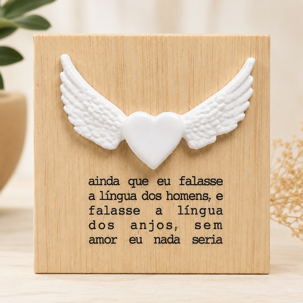 Quadro Decorativo em Madeira com Coração Alado e Mensagem Bíblica