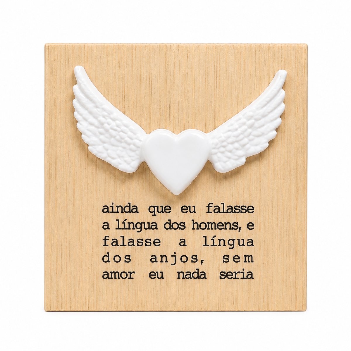 Quadro Decorativo em Madeira com Coração Alado e Mensagem Bíblica