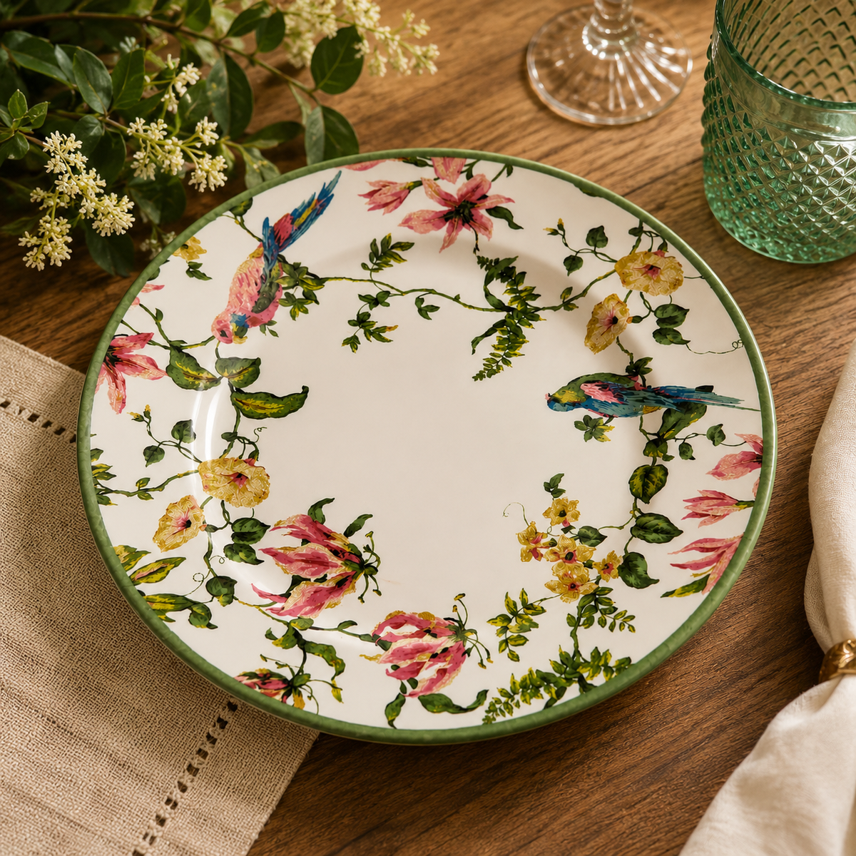 Prato Raso Alleanza Pássaros Cerâmica Decorada 29 cm Mesa Posta