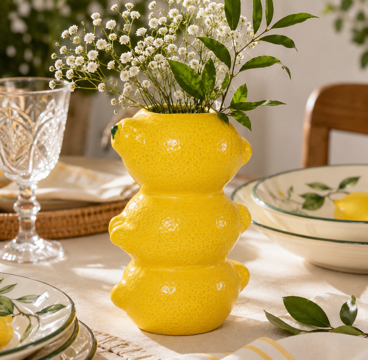 Vaso Decorativo Limões em Cerâmica Amarelo – 3 Limões Empilhados