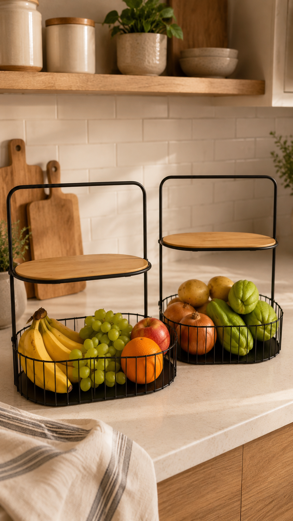 Fruteira Dupla com Suporte em Metal Preto e Madeira – Organizador de Bancada Moderno