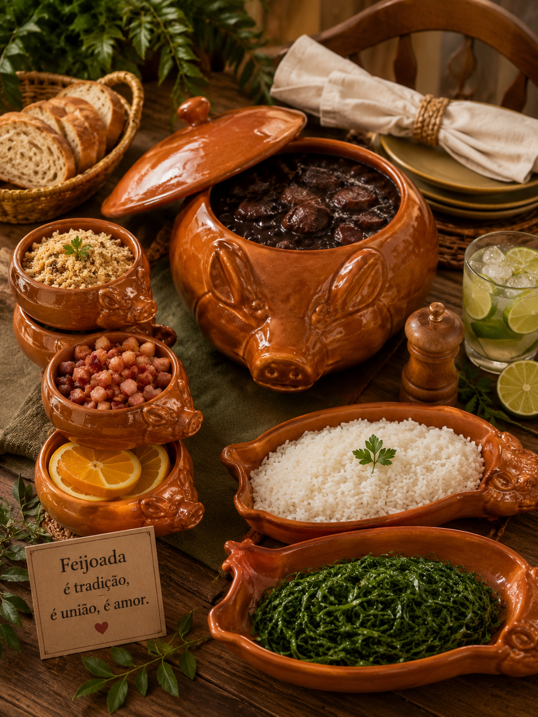 Conjunto para Feijoada em Cerâmica Rústica – Kit Porquinho Decorativo com Cumbucas e Travessas