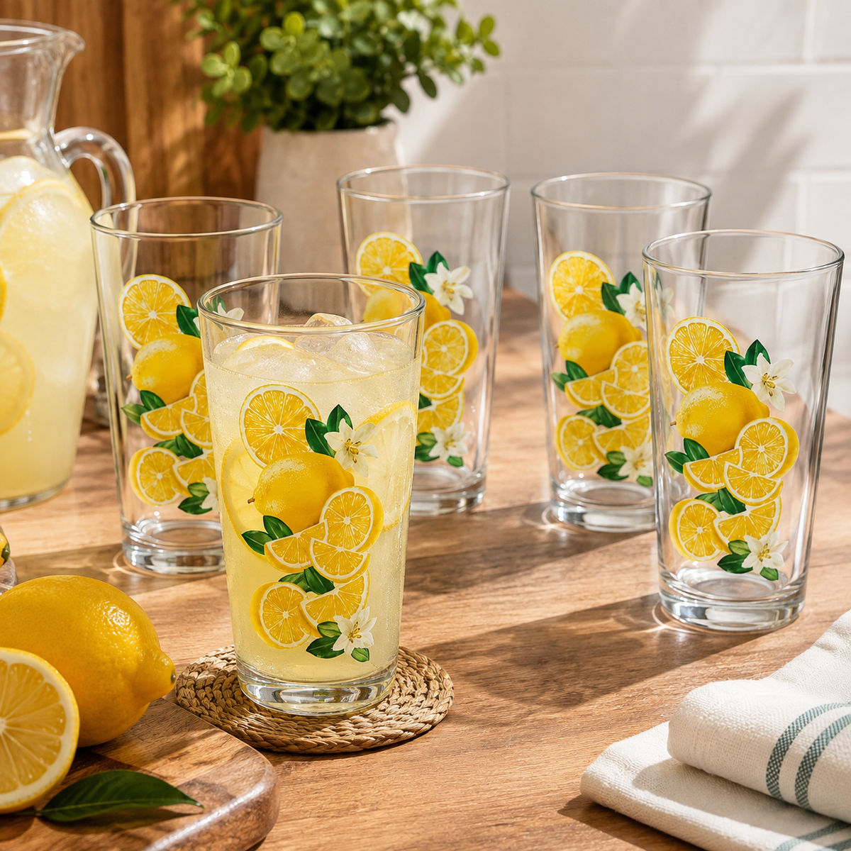 Jogo com 6 Copos de Vidro Decorados Limão 300ml