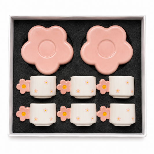 Jogo com 6 Xícaras de Café Flower em Cerâmica com Pires Flor Rosa