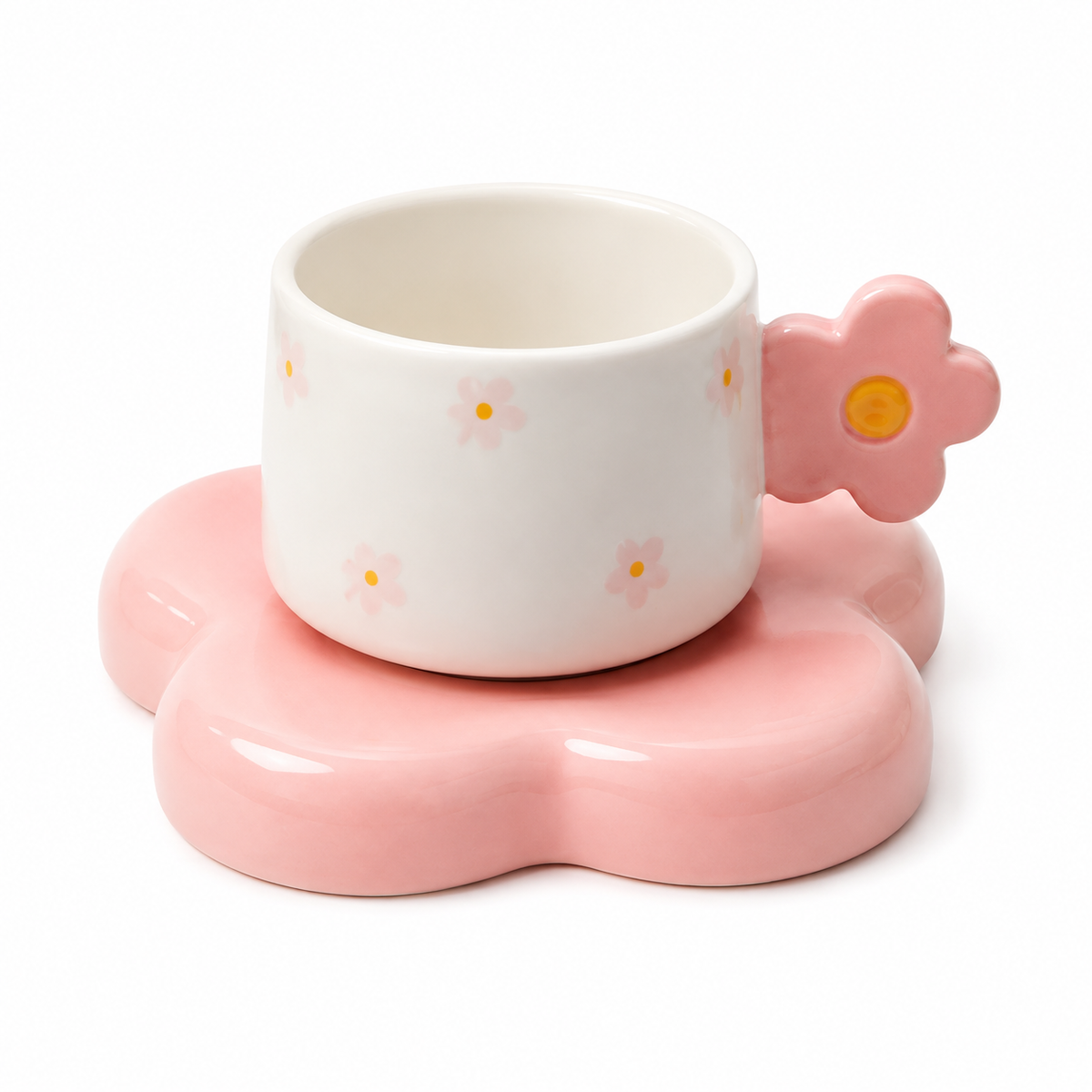 Jogo com 6 Xícaras de Café Flower em Cerâmica com Pires Flor Rosa