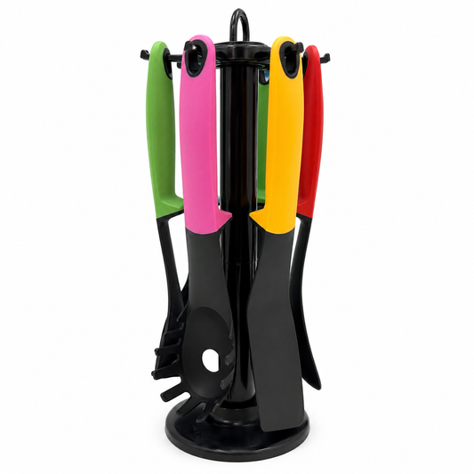 Kit com 6 Utensílios de Cozinha Coloridos com Suporte Giratório
