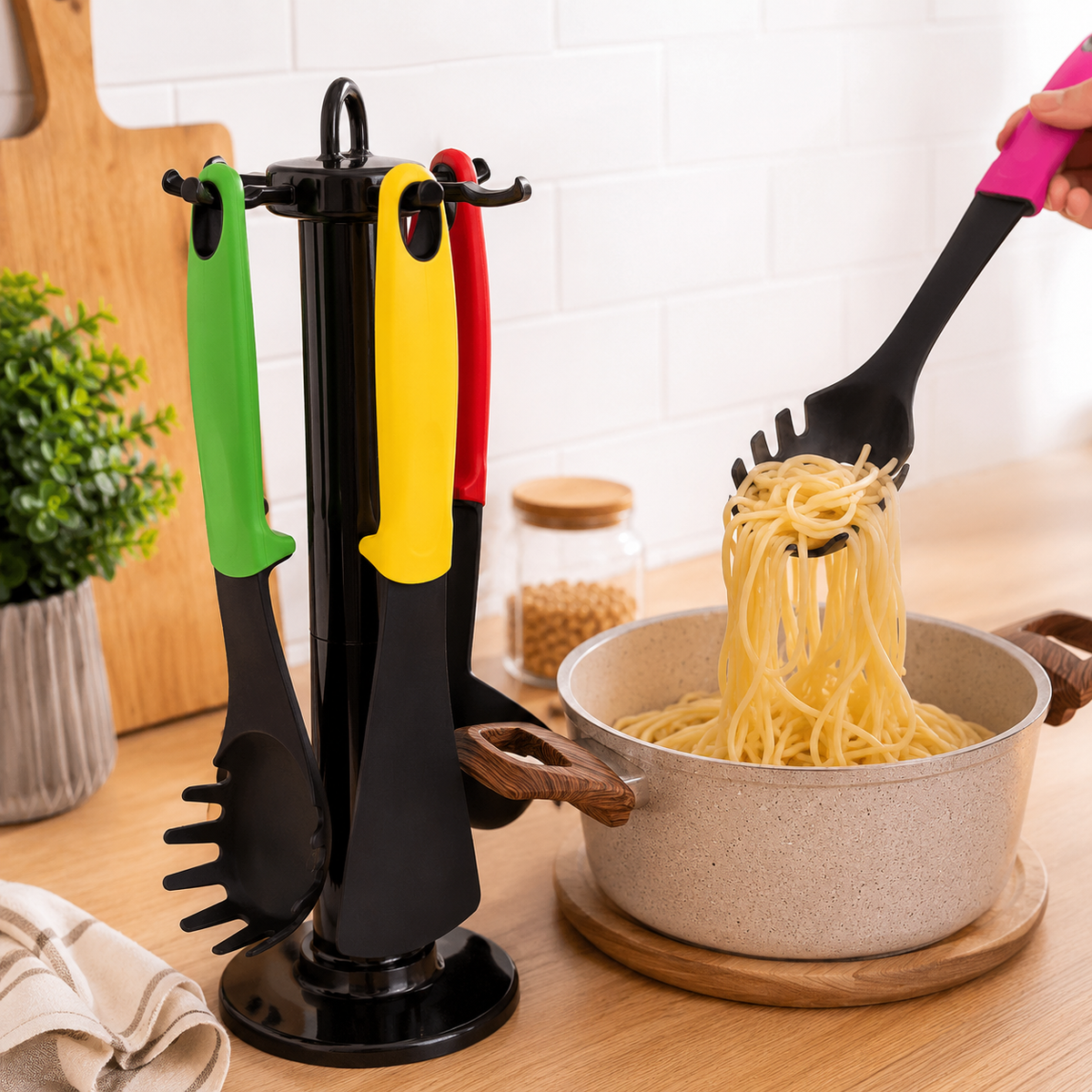 Kit com 6 Utensílios de Cozinha Coloridos com Suporte Giratório