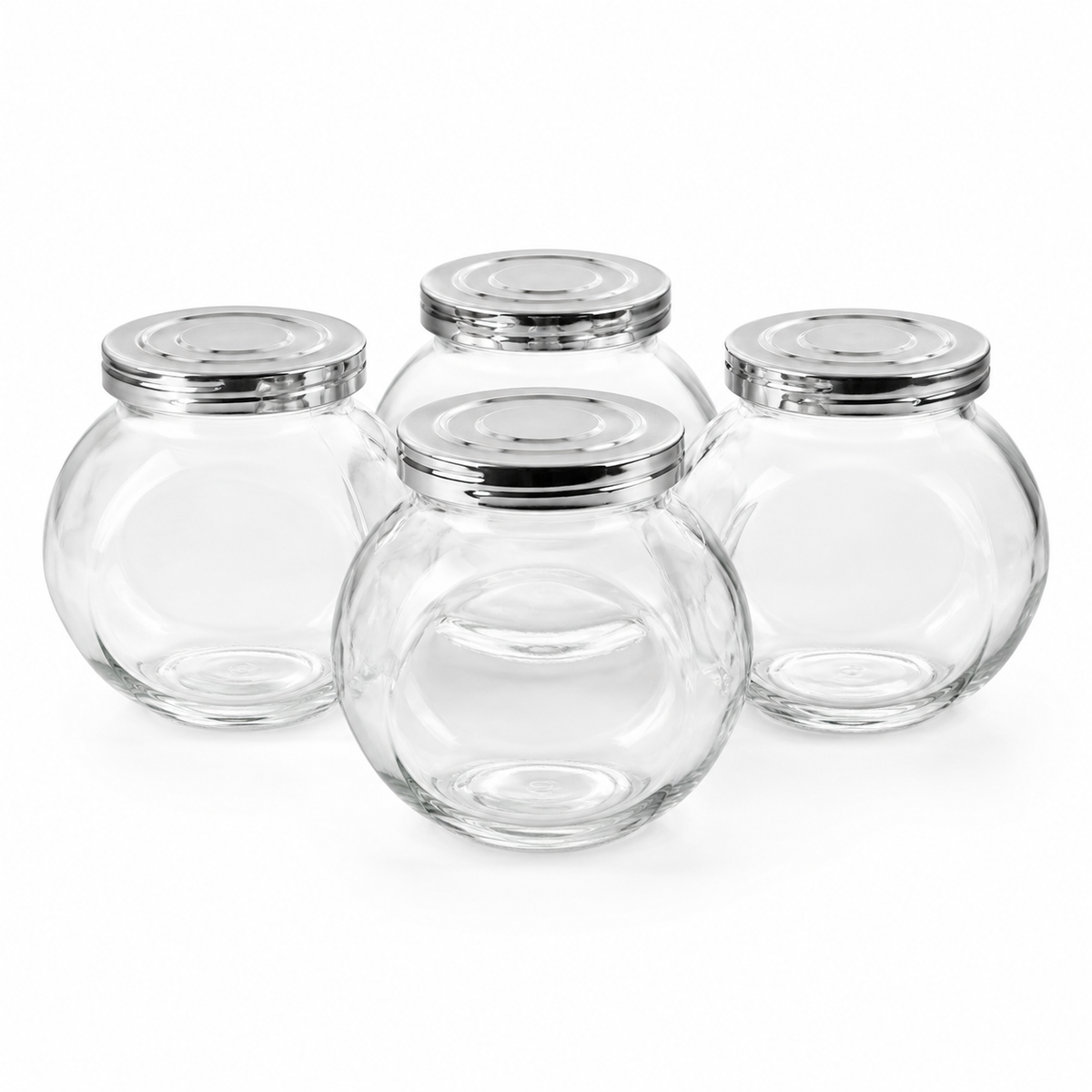 Jogo com 4 Potes Baleiros de Vidro 250ml com Tampa Prata