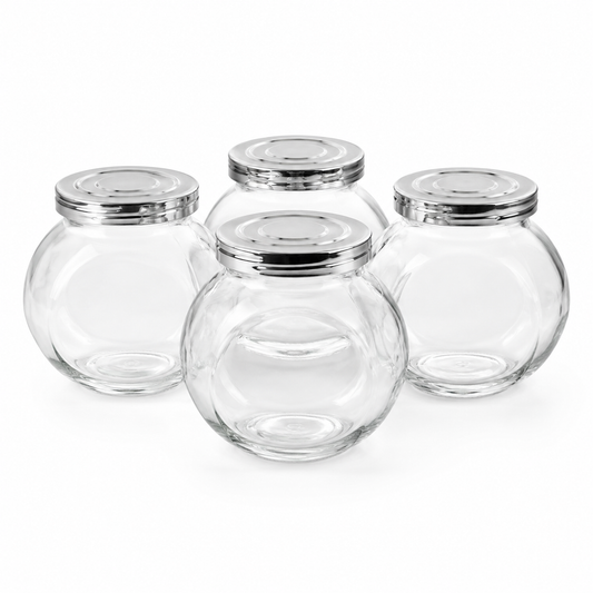 Jogo com 4 Potes Baleiros de Vidro 250ml com Tampa Prata