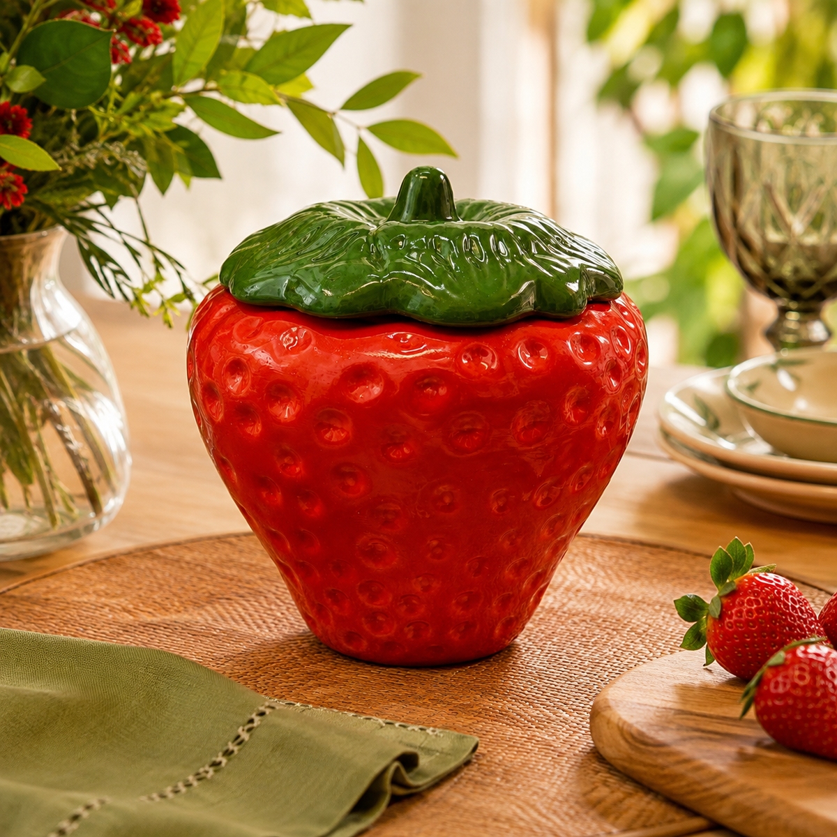 Pote Decorativo Morango em Cerâmica com Tampa 2L
