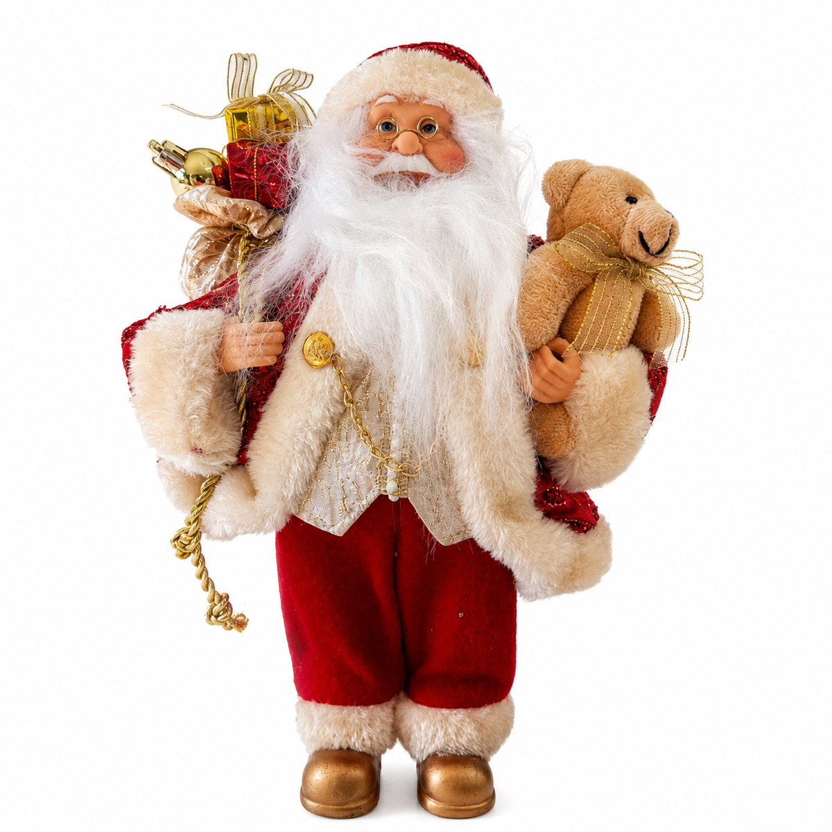 Papai Noel Decorativo com Ursinho e Saco de Presentes Vermelho – Luxo