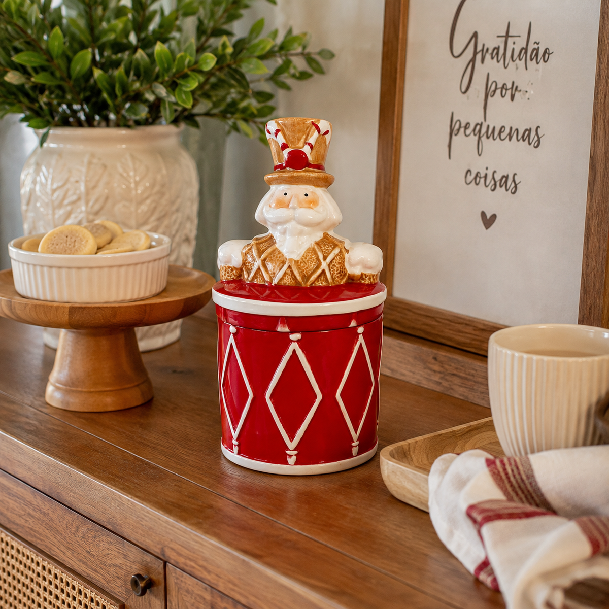 Pote Decorativo de Cerâmica Papai Noel Tambor 1L