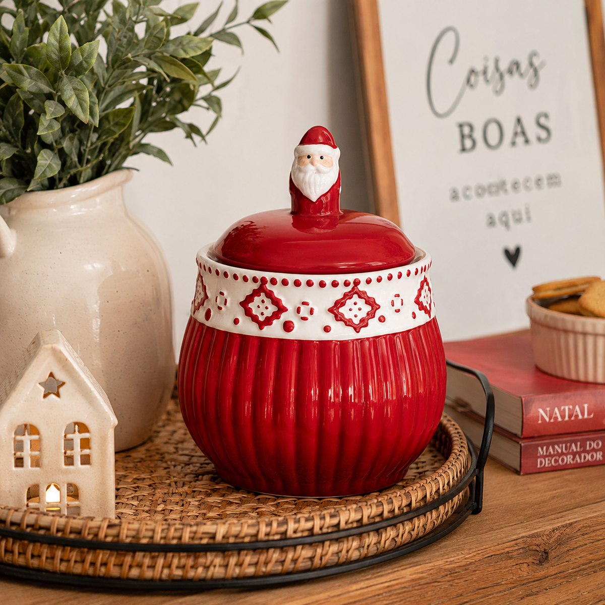 Pote Decorativo de Cerâmica Natalino Papai Noel 400ml com Tampa – Porta Doces e Bombons