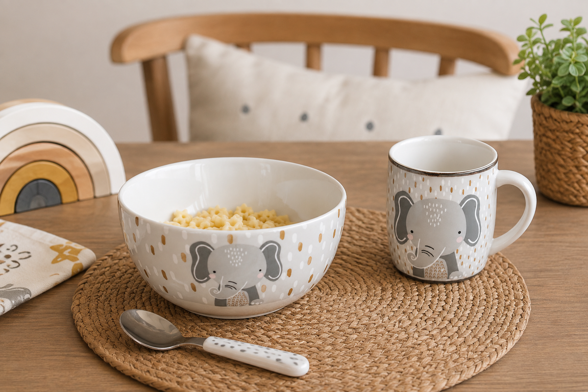 Kit Caneca + Bowl Elefantinho Infantil em Cerâmica