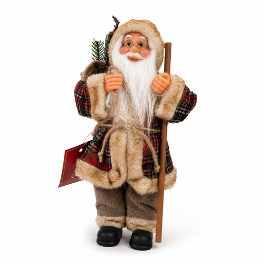 Papai Noel Decorativo em Pé com Cajado Xadrez – 30 cm | Enfeite de Natal Rústico