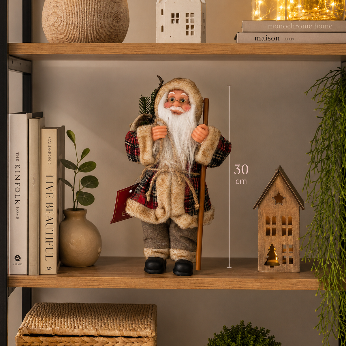 Papai Noel Decorativo em Pé com Cajado Xadrez – 30 cm | Enfeite de Natal Rústico