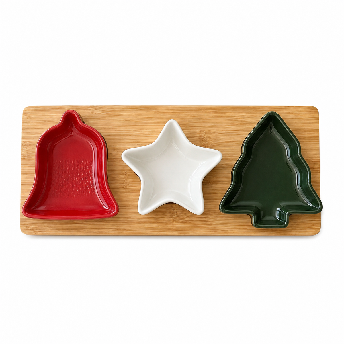 Petisqueira de Natal com Base de Bambu e 3 Bowls em Cerâmica – Sino, Estrela e Árvore