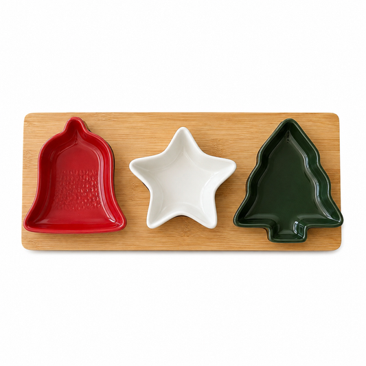 Petisqueira de Natal com Base de Bambu e 3 Bowls em Cerâmica – Sino, Estrela e Árvore
