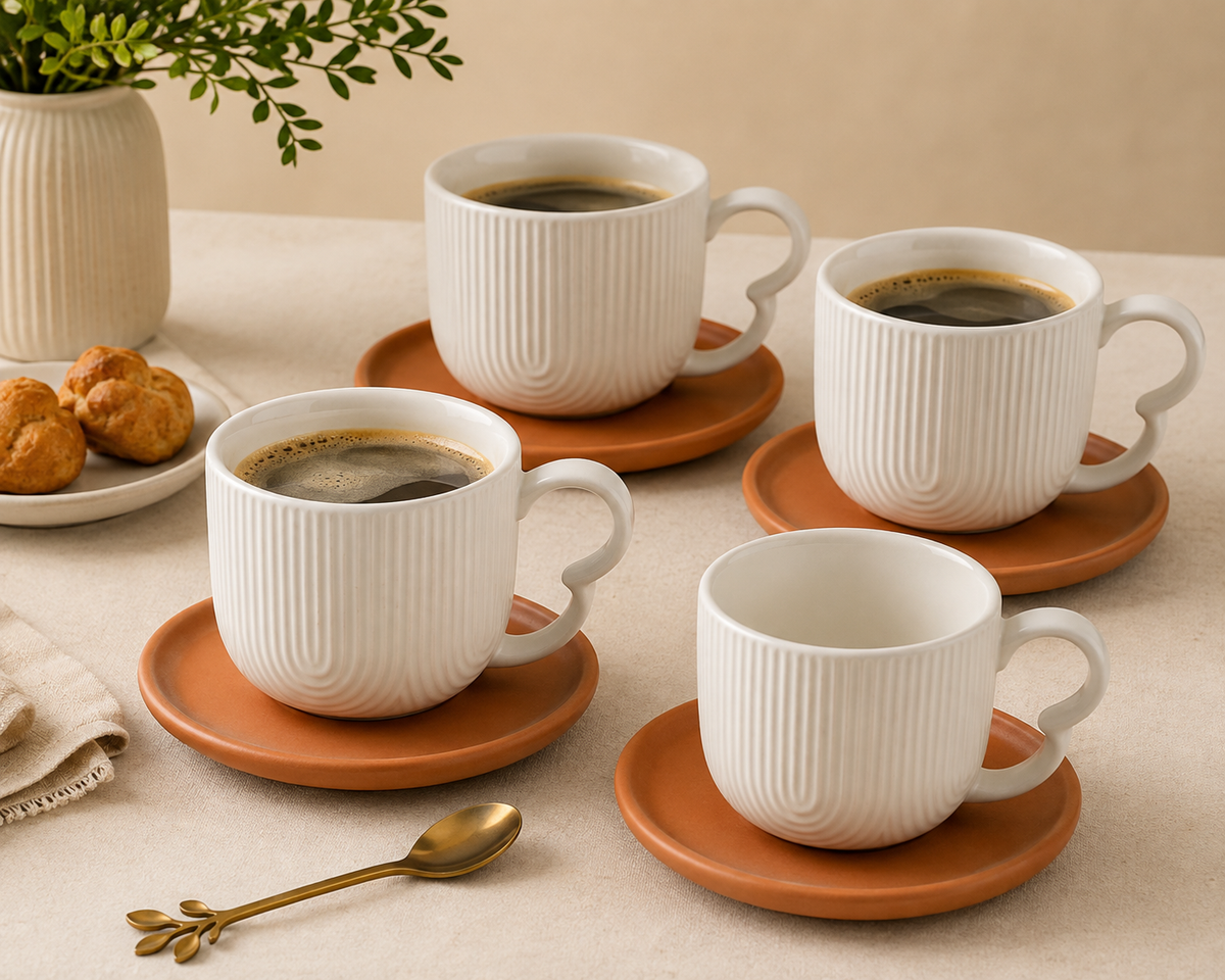 Jogo com 4 Xícaras para Café Oásis com 4 Pires – Cerâmica Premium 90ml