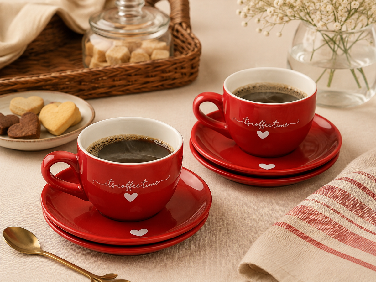 Jogo de 6 Xícaras Vermelhas “It’s Coffee Time” com Pires