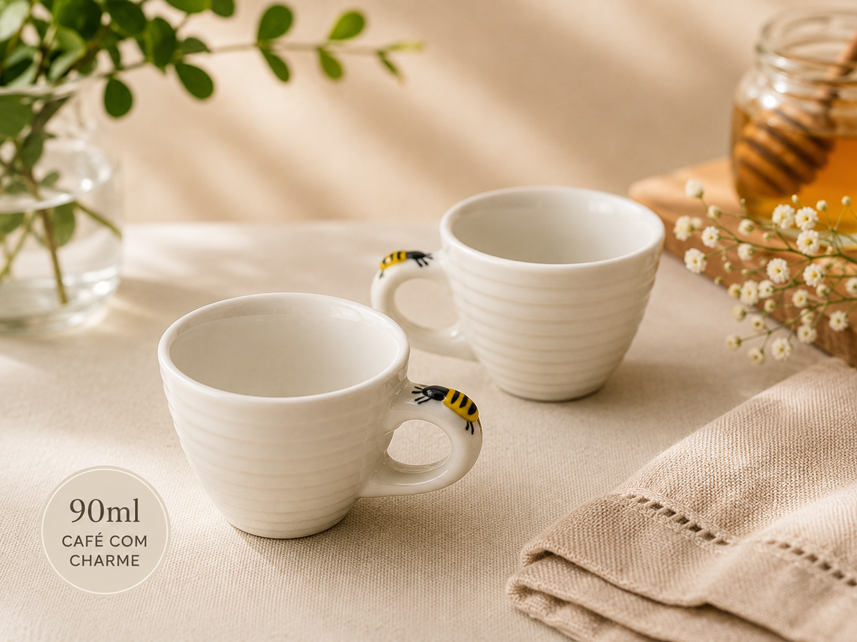 Jogo 2 Xícaras para Café com Detalhe de Abelha 90 ml Cerâmica Elegante