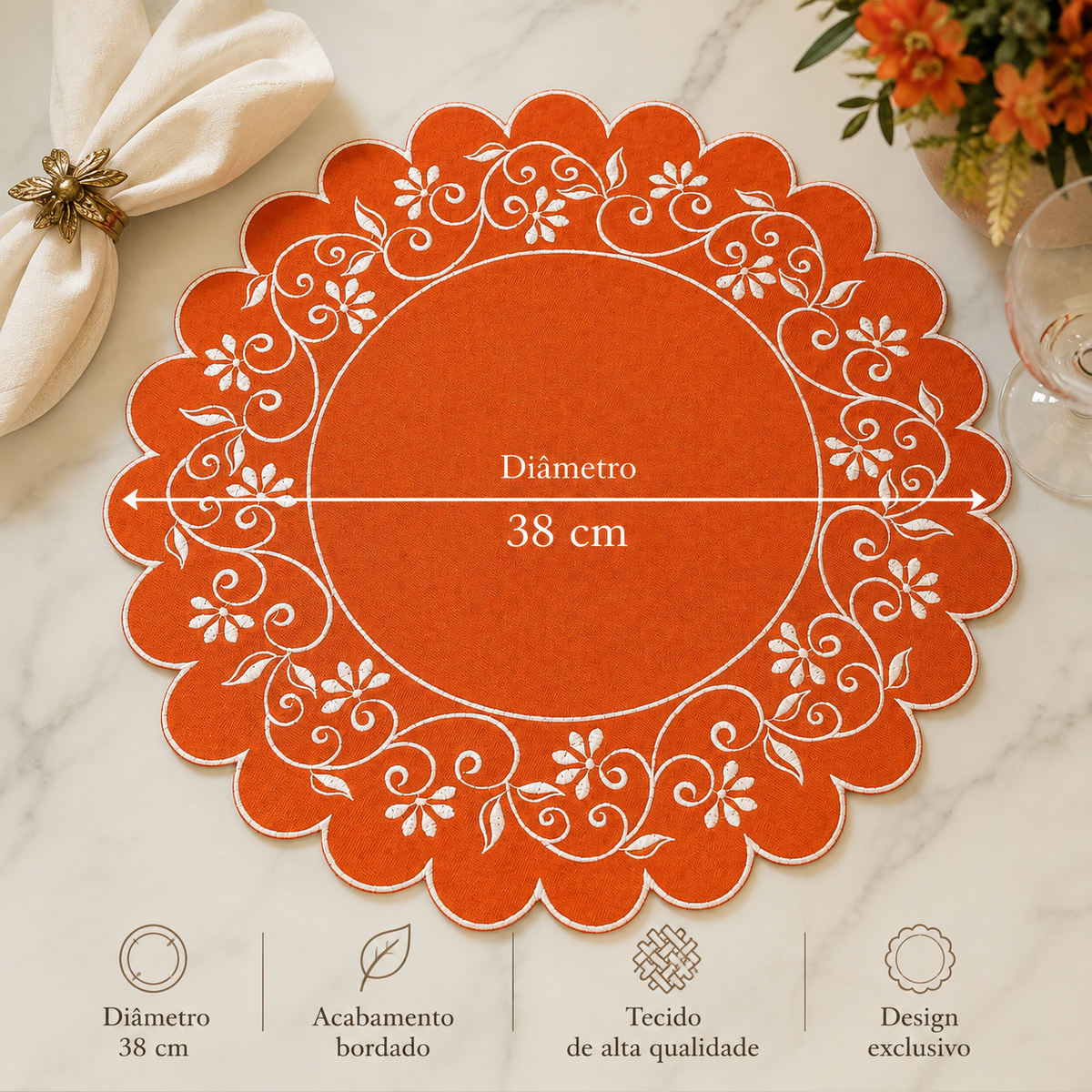 Lugar Americano Redondo Bordado Laranja Floral – Arabesco