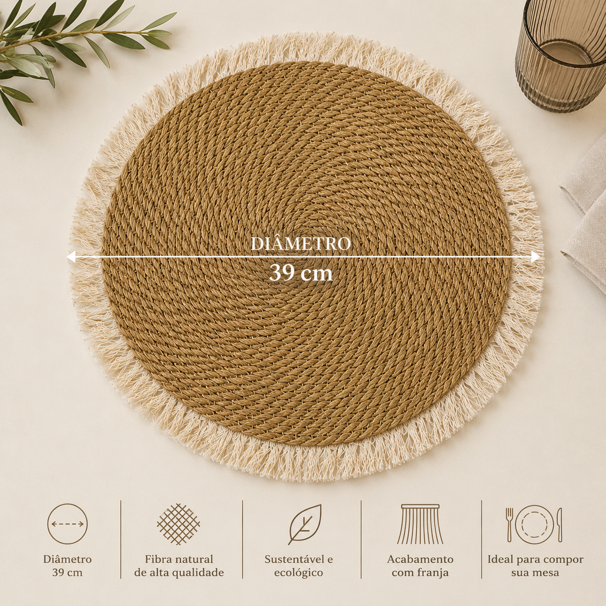 Lugar Americano Redondo Natural com Franjas – Fibra Trançada