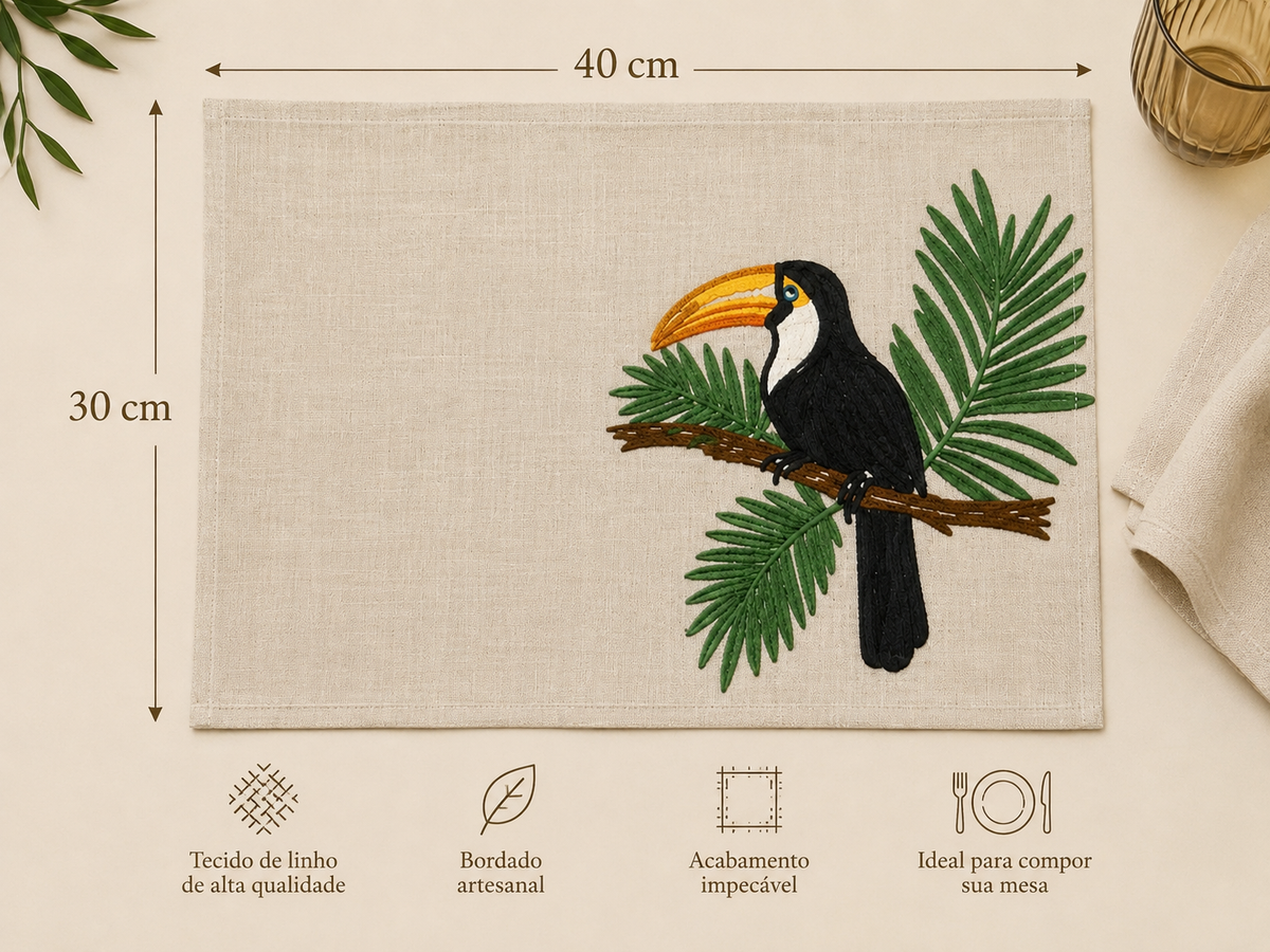 Lugar Americano Bordado Tucano Tropical – Linho Bege