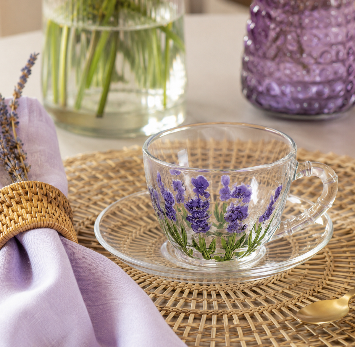 Xícara de Vidro com Pires Lavanda 80ml – Delicada e Elegante