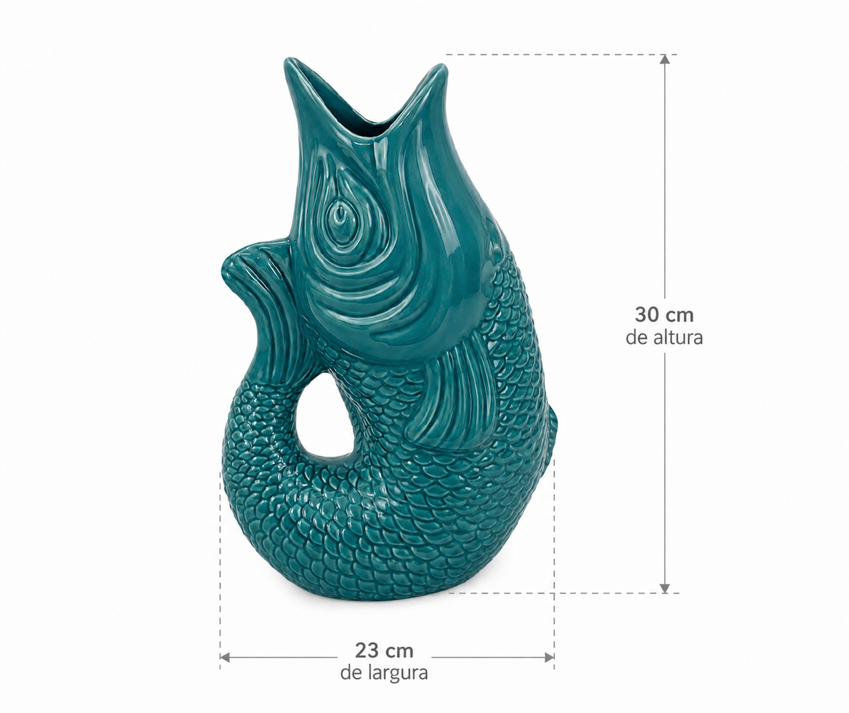 Vaso Jarra Decorativa em Cerâmica Formato Peixe Azul Turquesa 25x18 cm