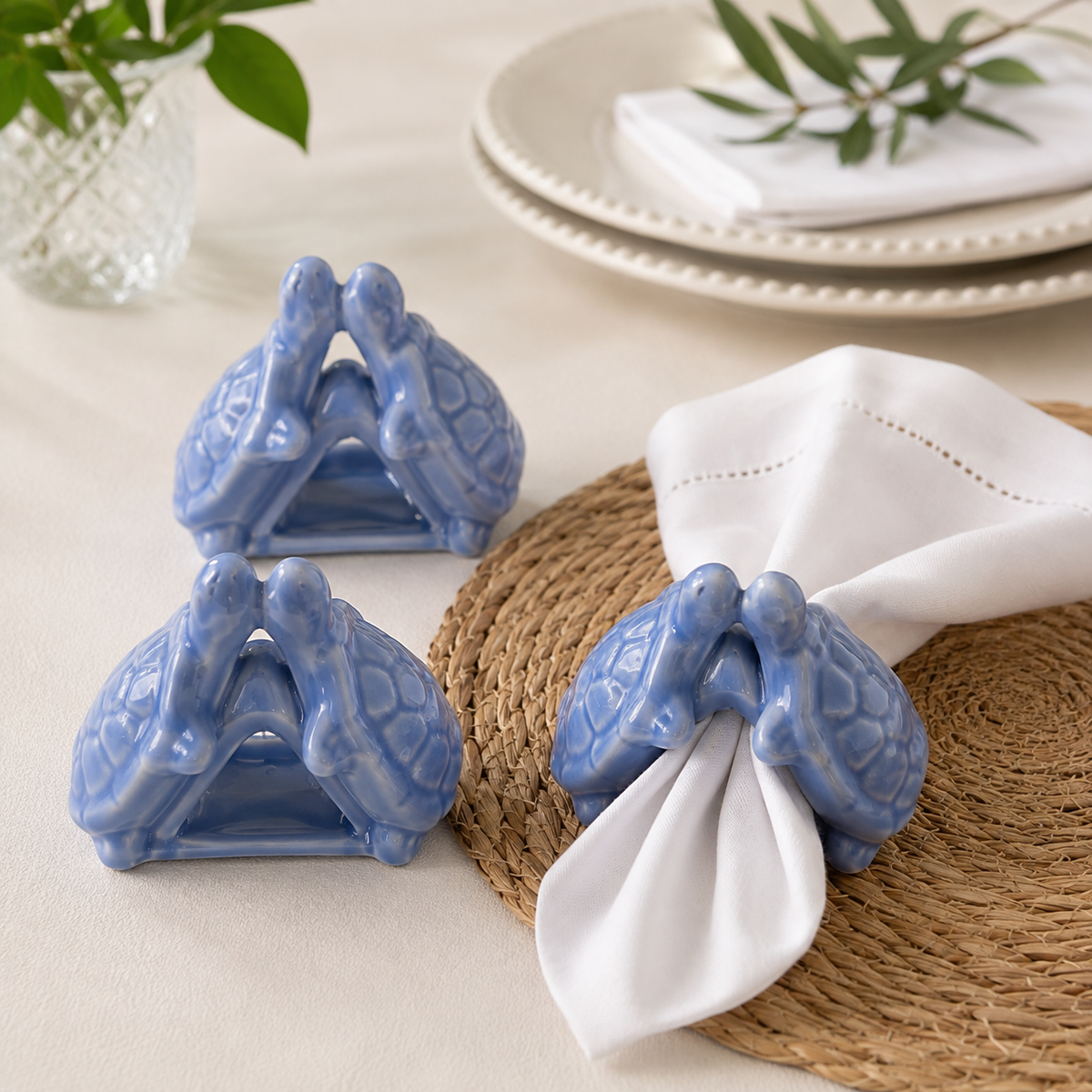 Porta Guardanapo de Cerâmica Casal de Tartarugas Azul Decoração de Mesa