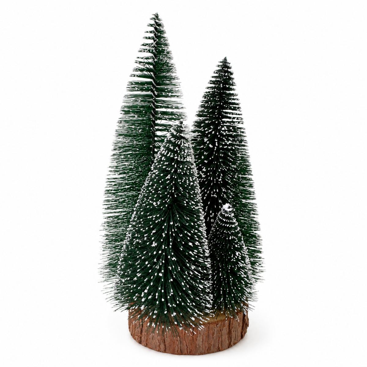 Mini Árvore de Natal Nevada em Base de Madeira – Trio Decorativo