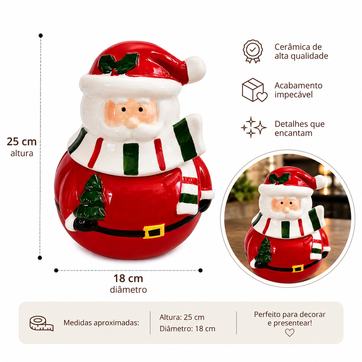 Papai Noel de Cerâmica 25cm – Pote Decorativo Natalino