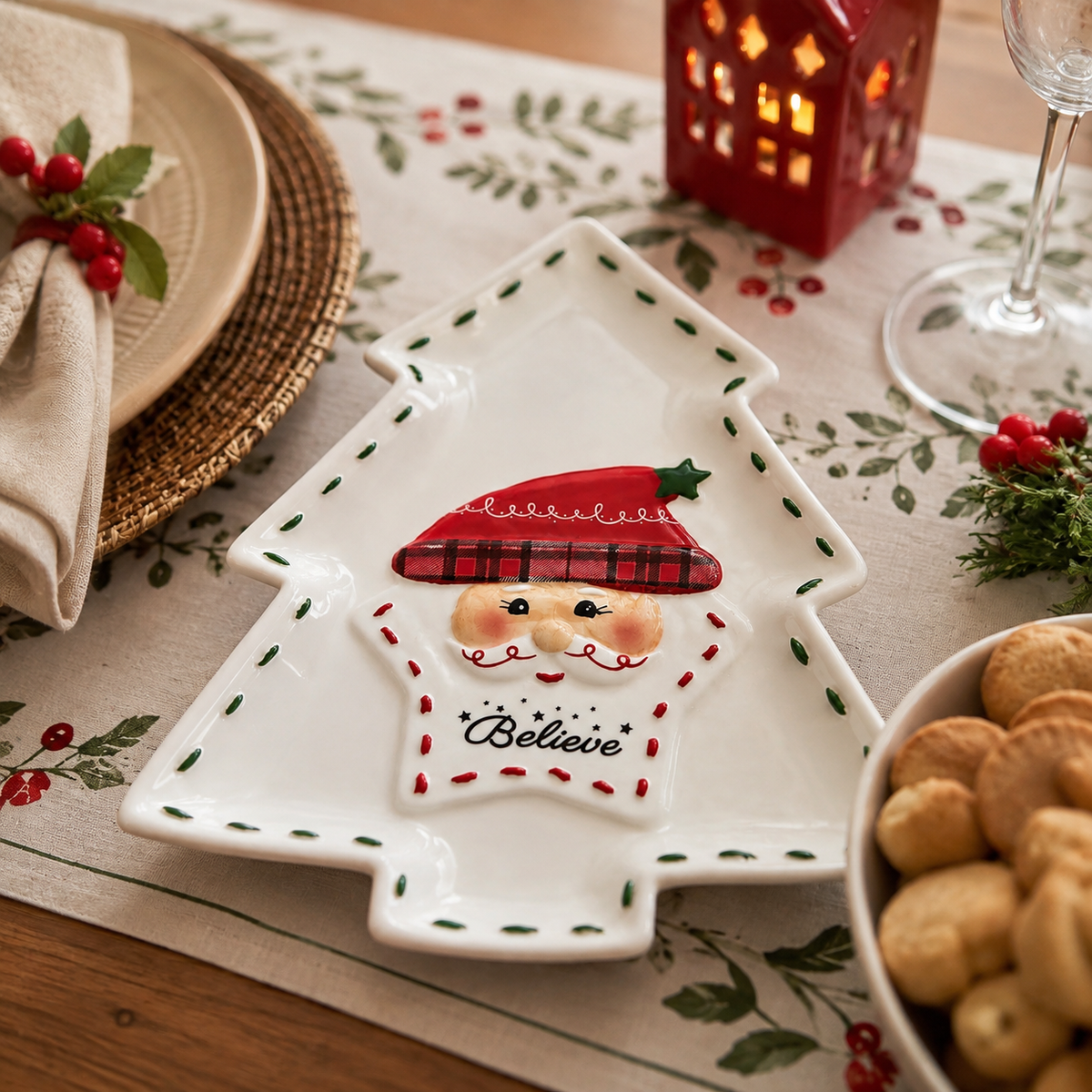 Árvore de Natal Decorativa com Papai Noel “Believe” em Cerâmica
